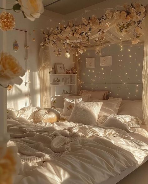 Soft Aesthetic Rooms, Bedroom Chill Vibes, Bed Rooms Ideas Cottage Core, Enchanted Bedroom Aesthetic, Bedroom Makeover Minimalist, Romantic Cottagecore Bedroom, Cozy Aesthetic Bedroom Decor, Aesthetic Rooms Bedrooms Cozy, Bedroom Ideas Stars