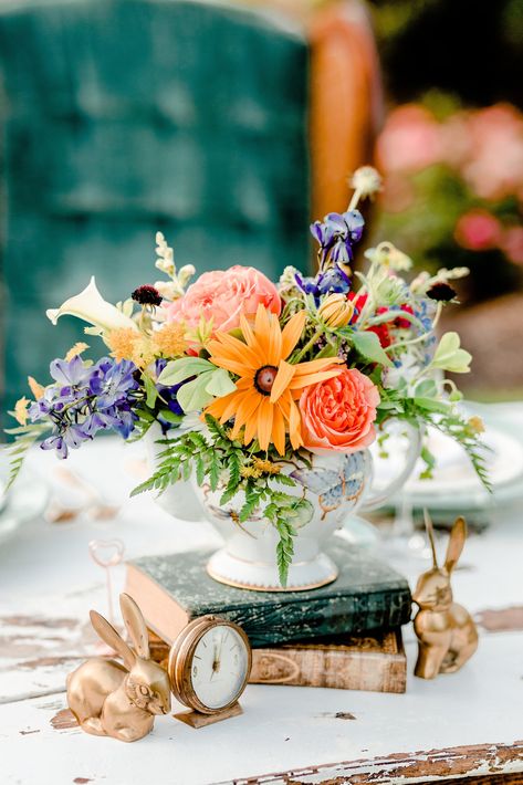 Southern Brunch, Falling Down The Rabbit Hole, Teapot Centerpiece, Sweetheart Table Centerpiece, Alice In Wonderland Flowers, Book Centerpieces, Southern Vintage, Tea Party Table, Alice In Wonderland Inspired