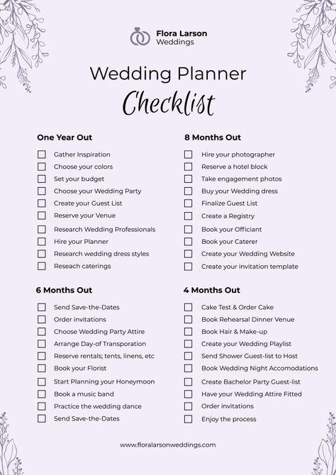 Elegant Flora Larson Wedding Planner Checklist Wedding Event Planner Checklist, Wedding Planner Checklist Free, Diy Wedding Checklist, Wedding Planning Checklist Detailed, Wedding Beauty Timeline, Wedding Planner Checklist, Wedding Checklists, Wedding Budget Planner, Trendy Wedding Invitations