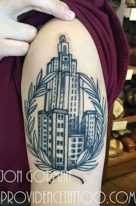 cityscape tattoo by jon gorman at providence tattoo  #cityscape #jongorman #providencetattoo #city #tattoo #linework #blackwork #building #architecturetattoo #laurel #blackandgrey #tattooideas #ink #inkspiration Providence Tattoo, Architecture Tattoo, Blackwork, Geometric Tattoo, Cityscape, Black And Grey, Tattoos