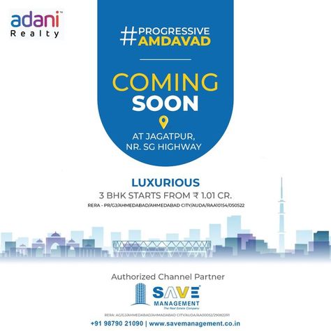 Are you ready to be a part of #ProgressiveAmdavad? We're coming soon with homes equipped with modern amenities for modern families in Jagatpur. Its premium and luxurious category homes are carefully designed to ensure a comfortable and quality lifestyle. 3 BHK Homes starting 1 Cr.* Contact SAVE Management for more information at +91 9879021090 #savemanagement #commingsoon #sarkhej #booknow #realestate #realestateagent #timesaver #propertymanagement #propertyinvestment #realestatelife Real Estate Marketing Design, Real Estates Design, Time Saver, Real Estate Companies, Marketing Design, Luxury Property, Investment Property, Modern Family, Property Management