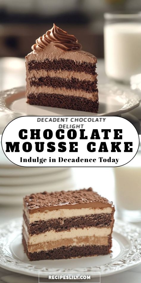 I can’t resist the rich layers of this chocolate mousse cake! It’s the perfect indulgence for any chocolate lover. With its creamy mousse filling and moist chocolate layers, every bite is pure bliss. Treat yourself to this delicious dessert that will surely impress and satisfy your sweet tooth! Desserts With Mousse, Chocolate Mousse Aesthetic, Mousse Cake Filling, Rich Chocolate Mousse, Chocolate Mousse Cake Filling, Chocolate Mousse Desserts, Chocolate Mousse Cake Recipe, Mousse Filling, Mousse Cake Recipe