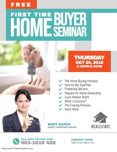 Copy of First Time Home Buyer Seminar Flyer | PosterMyWall What Is Escrow, Seminar Flyer, Halloween Promotions, Starter House, First Time Home Buyer, Dream Scape, Home Buying Process, Starter Home, Investment Advisor