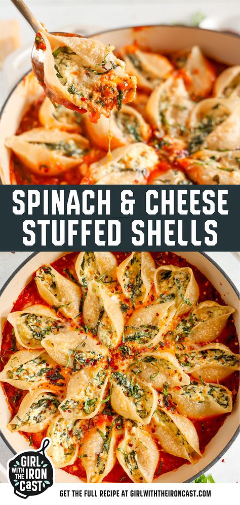 Dazzle your dinner table with this pasta dish that is a crowd favorite! These cheesy stuffed pasta shells are filled with three types of cheese, spinach, basil, and delicious aromatics! This easy stuffed shells recipe is perfect for serving a large family or taking to a potluck. Stuffed Noodles Shells, Cheesy Stuffed Pasta, Easy Stuffed Shells, Shell Pasta Recipes, Stuffed Pasta, Types Of Noodles, Shells Recipe, Cheese Stuffed Shells, Cheese Spinach