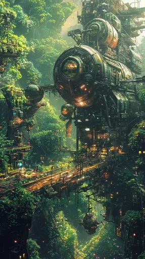 ↑↑↑ Larger size on website 🔸 A futuristic cityscape blends seamlessly with a lush, vibrant jungle. A massive, intricate metal str Scifi Jungle, Solar Punk, Futuristic Cityscape, Nature And Technology, Steampunk Ideas, Industrial Machine, Background Ideas, Futuristic City, Metal Structure