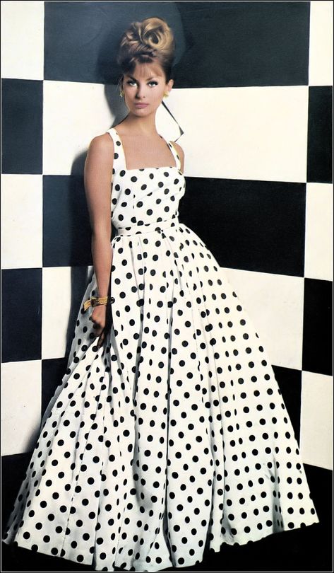 Model in full-length white-and-black coin-spotted evening … | Flickr Polkadot Fashion, 50s Clothes, Irish Fashion, 60s Women, E T, Modest Outfit Ideas, Polka Dots Outfit, Classy Dresses, Modest Outfit