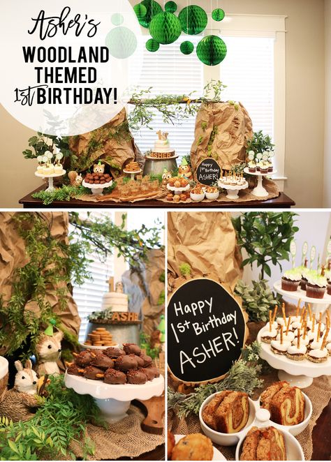 Asher's First Birthday Party was a Woodlands Theme! Lots of fun DIY details on this Forest inspired Dessert Table! Woodland First Birthday Photo Shoot, Woodland Party Food, Woodland Baby Shower Theme Decorations, Woodland Baby Shower Theme Boy, Woodland Baby Shower Food, Woodland Creatures Party, Woodland Party Decorations, Woodland Party Theme, Forest Birthday Party