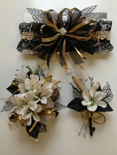 Black, white & gold boutonniere, corsage & garter Matching Prom, Gold Corsage, Blue Corsage, Prom Corsage And Boutonniere, Prom Garters, Corsage And Boutonniere Set, Prom Corsage, Corsage And Boutonniere, Corsage Prom