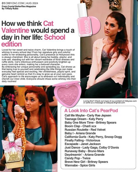 Cat Valentine is bubbly, energetic, and stole our hearts with her girly outfits and adorable laugh. Always ready with a song or a silly joke, Cat was a super fun character to watch 🍭🩵🎀 Here is how we imagine a school day in her life. Cat Valentine Outfits, Rookie Magazine, Rosy Blog, Valentine Outfits, Back To School List, Jade West, Sam And Cat, Vision Board Photos, Dream School