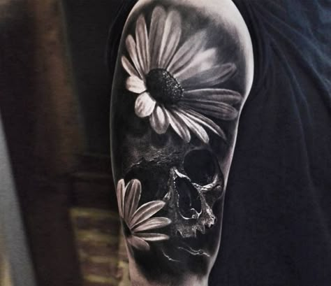 Flowers and Skull tattoo by Eliot Kohek | Photo 25962 Eliot Kohek, Realistic Flower Tattoo, Skull Rose Tattoos, Black Skull Tattoo, Unusual Tattoo, Black Tattoo Cover Up, Skull Sleeve Tattoos, Skull Sleeve, Girl Arm Tattoos