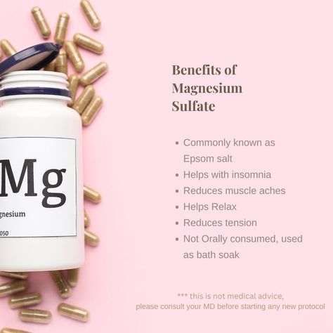 Magnesium Sulfate, another form of so potent mineral that is found in 300 different metabolic functions. Magnesium Sulfate: Commonly known as Epsom Salts used in soaking baths and not taken orally. At Rooted in Health we love Epsom salt + essential oil soaks for its relaxing properties (muscle ache, tension, insomnia) #health #education #coaching #learnmore #magnesium #supplement https://www.healthline.com/nutrition/epsom-salt-benefits-uses Epsom Salt Benefits, Salt Benefits, Magnesium Supplement, Calcium Chloride, Magnesium Benefits, Magnesium Sulfate, Reduce Tension, Muscle Aches, Epsom Salt