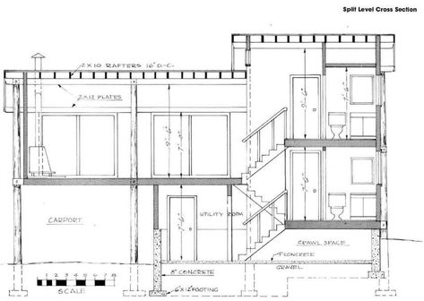 split level Split Level Bathroom, Split Level Stairs, House Cross Section, Micro Library, Split Level Home Designs, Split Level Floor Plans, Split Level House Exterior, Split Level Remodel Exterior, Split Level Exterior