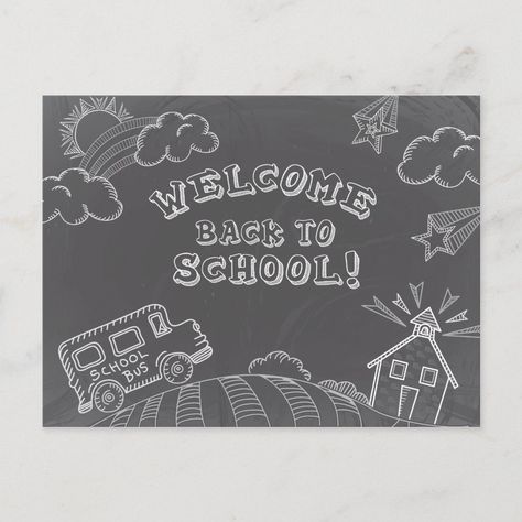 Chalkboard Welcome Back to School Postcard Size: ' ' Postcard. Gender: unisex. Age Group: adult. Pattern: check. Material: Matte. Board Decoration Ideas School With Chalk, Welcome Back To School Sign, Chalkboard Messages, Class Board Decoration, Blackboard Ideas, School Chalkboard Art, Chalkboard Welcome, Back To School Chalkboard, Chalkboard Door