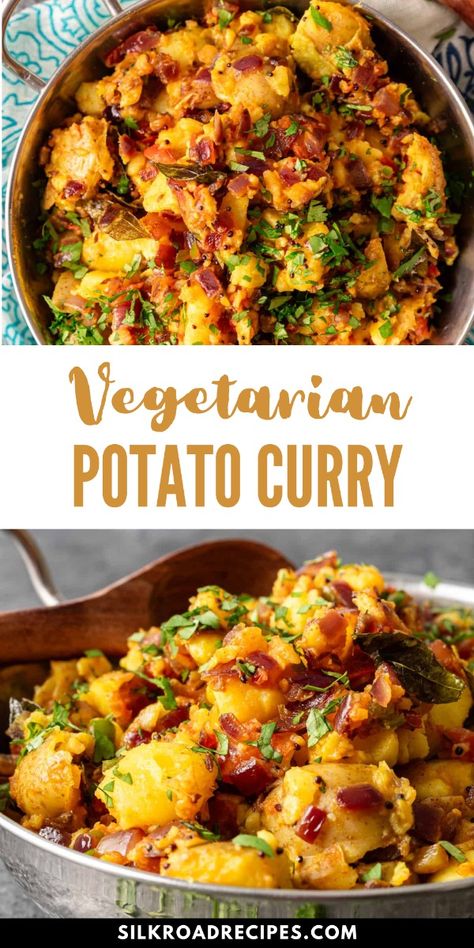 This flavor-packed vegetarian potato curry is a really easy recipe you can prepare and serve in 30 minutes or less. It’s a well-seasoned meal made with authentic, aromatic Indian ingredients and bulked up with additional vegetables: tomatoes, onions, and spicy green chiles. This potato curry recipe is the perfect dish for anyone adhering to a vegetarian diet, who wants a filling meal but doesn’t have a lot of time to make one, or who loves curry but doesn’t have a lot of experience making it at home. Indian Curry Potatoes, Curried Potatoes Indian, Legumes Recipes Indian, Vegetarian Potatoes Recipes, Vegetarian Curries Indian, Potato Meals Vegetarian, Healthy Spicy Recipes Vegetarian, Indian Vegeterian Ideas Easy Recipes, Indian Dinner Vegetarian