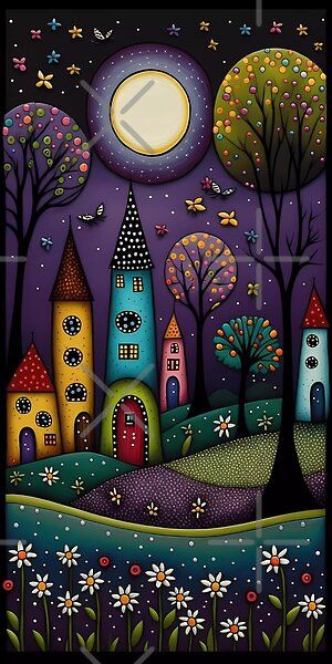 colorful whimsical village by NahedAH | Redbubble Whimsical Folk Art, Whimsical House Drawing, Whimsical Art Paintings Imagination, Folk Art Illustration, Night Sky Art, Whimsy Art, Whimsical Art Paintings, Naive Painting, Whimsical Wall Art