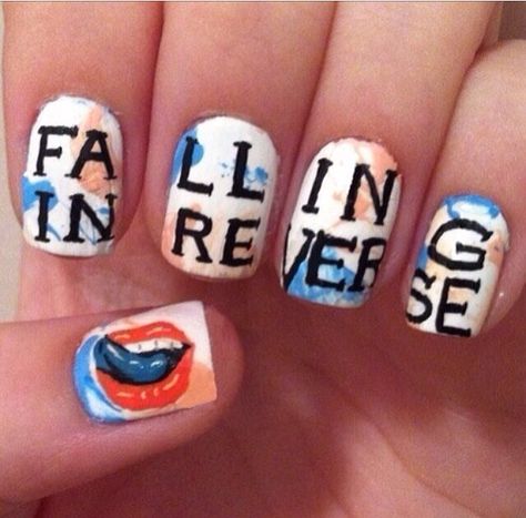 Fir nails Falling In Reverse Nail Art, Falling In Reverse Nails, Reverse Nails, Band Nails, Falling In Reverse, Top Nail, Fake Nail, Band Stuff, Nails Design