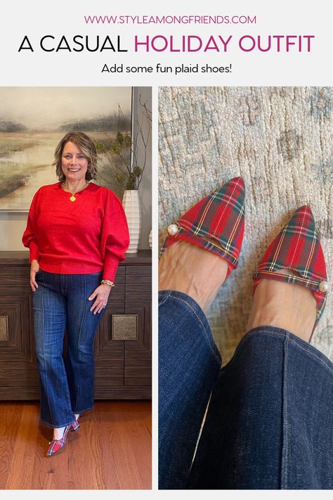 Stay stylish this holiday season -- we have something to wear for every event. 🎄✨⁠ Whether you're attending Thanksgiving dinner, going Christmas caroling, hosting a cocktail party, or ringing in the New Year, we've got you covered with 12 perfect outfits. Slip Skirt, Holiday Slip Skirt, Holiday Shoes, Plaid Shoes, Red Sweater Tartan Shoes Outfit, Plaid Flats Outfit, Plaid Shoes Outfit, Christmas Plaid Outfit, Plaid Skirt Outfits, Office Holiday Party Outfit, Bermuda Shorts Outfit, Christmas Closet, Tartan Shoes