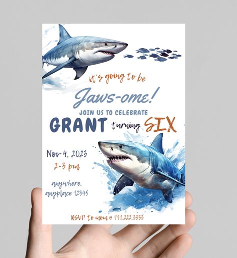 Jawsome time! Shark-tactic shark theme birthday party invitation, edit to any age, deep sea, ocean, sharks, jaws, shark attack, shark week. Deep Sea Ocean, Jaws Shark, Shark Themed Birthday Party, Birthday Stuff, Theme Birthday Party, Shark Week, Beautiful Invitations, Theme Birthday, 6th Birthday