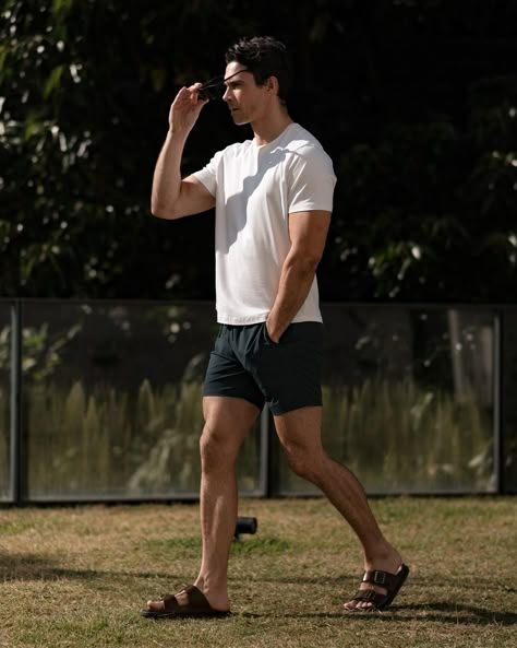 Stay dry and comfortable with the Movement Shorts. Its 6" inseam and water-repellent fabric are perfect for all your water-related activities. Use code SPRINGEXTRA for up to 35% off during our Spring Sale. #TimelessEssentials #everydayeverywhere Outfit With Shorts Men, Men Sandals Outfit, Mens Birkenstocks Outfit, Outfit Shorts Men, Male Body Study, Sandals Outfit Men, Birkenstock Arizona Outfit, Men Shorts Outfit, Shorts Outfits Men