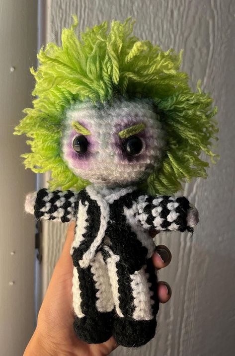 Beetlejuice crochet hand made doll  it's 8in tall Silly Crochet Ideas, Crochet Weird, Crochet Beetlejuice Free Pattern, Crochet Beetlejuice Pattern, Horror Movie Crochet Patterns Free, Beetlejuice Crafts, Crochet Beetlejuice Pattern Free, Beetle Juice Crochet, Beetlejuice Crochet Pattern