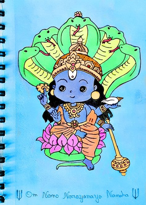 Lord Vishnu Drawing Easy, Vishnu Drawing Easy, Vishnu Cartoon, Vishnu Bhagwan Drawing, Vishnu Drawing, Narayana Lord, Om Namo Narayana, Jagannath Painting, Shree Narayan