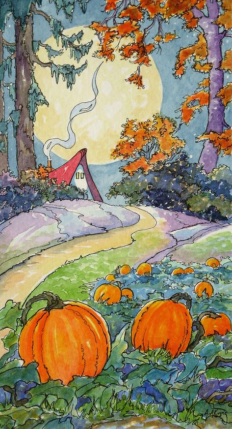 Pumpkin Moon, Storybook Art, Storybook Cottage, Rug Hooking Patterns, Cottage Art, Vintage Illustrations, Art Et Illustration, Beginner Painting, Autumn Art