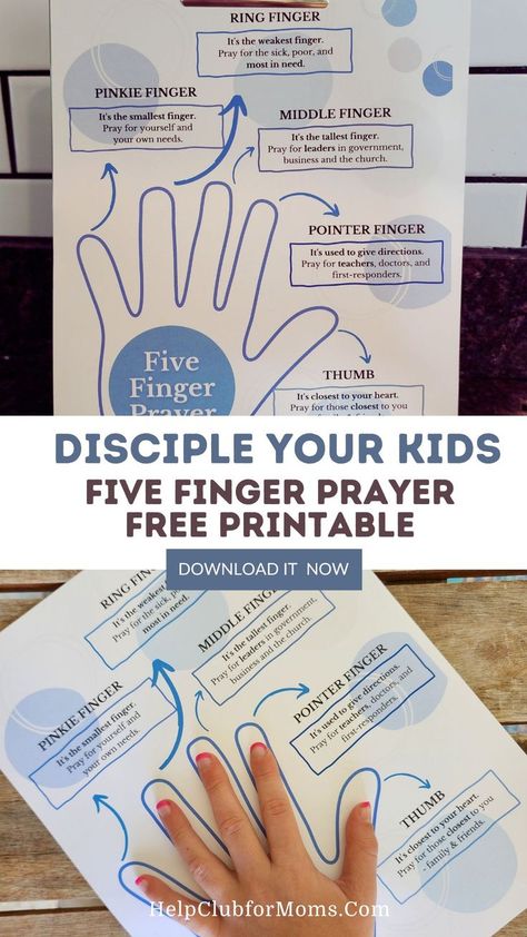 ave you heard of teaching your kids the "Five Finger Prayer"? It's a fun, easy tool to teach your kids the beginnings of their own prayer life with God. Sometimes prayer can feel overwhelming to kids as they test the waters and learn to communicate with Jesus! In our monthly Mothering Kit, we share simple tools to help *YOU* teach your kids about Jesus, and grow them up into young men and women who love and know Him. Grab this free printable now! Five Finger Prayer, Pray For Leaders, Prayer For Kids, Life With God, Christian Motherhood, School House Rock, Give Directions, Prayers For Children, Parenting Strategies