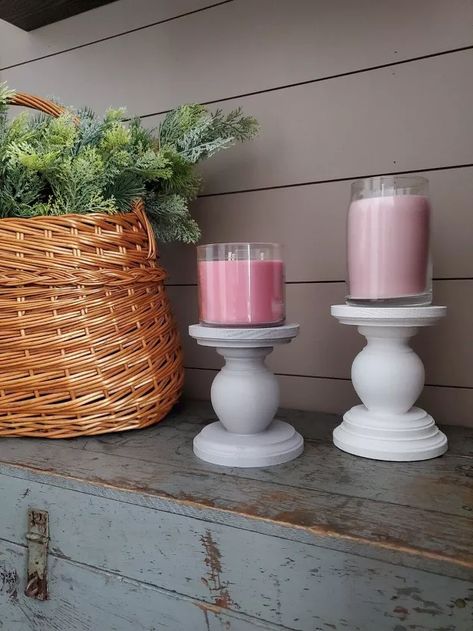 DIY Pillar Candle Holders | Hometalk Diy Pedestal Candle Holders, Candle Pedestal Ideas, How To Make Candle Holders, Diy Pillar Candle Holders, Diy Candle Pillars, Candle Holders Diy, Creative Candle Holders, Home Depot Paint, Stick Decor