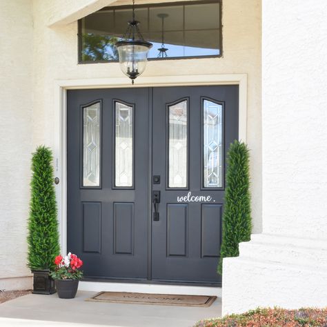 Painted front door in SW tricorn black Black Front Door Paint Color, Painting Front Door Black, Best Black Paint Color, Tricorn Black Front Door, Front Doors Painted Black, Sw Tricorn Black, Bold Front Door, Painted Exterior Doors, Front Door Paint