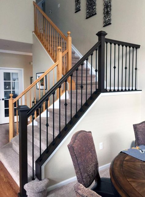 Antique Walnut Gel Stained Stairs | General Finishes Design Center Stained Stairs, Stairs Makeover Design, Stair Railing Makeover, Interior Stair Railing, Stairs Renovation, Wrought Iron Stair Railing, Stair Banister, Stair Makeover, Diy Staircase