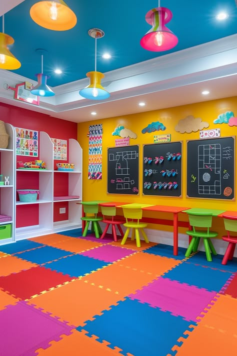 Feature Wall Playroom, Foam Floor Tiles Kids Playroom Ideas, Daycare Colors Schemes, Play School Decor Ideas, Foam Tiles Playroom, Ludoteca Infantil Ideas, Preschool Design Interior, Day Care Ideas Decoration, Kids Playroom Flooring