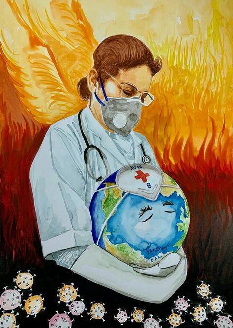 Doctor Poster Drawing, International Nurses Day Poster Drawing, Doctor Painting Art, Medical Painting Ideas, Pharmacist Drawing, Health Is Wealth Poster Drawing, Danger Drawing, Doctor Painting, Nurse Poster