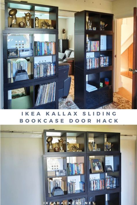 Sliding Bookcase Doors KALLAX hack to divide your rooms Kallax Hack Room Divider, Bookcase With Doors Diy, Sliding Door With Shelves, Bookcase Room Divider Ideas Ikea Hacks, Diy Sliding Bookcase, Double Sided Bookcase Room Dividers, Kallax Sliding Door, Bookcase Sliding Door, Bookcase Doors Diy