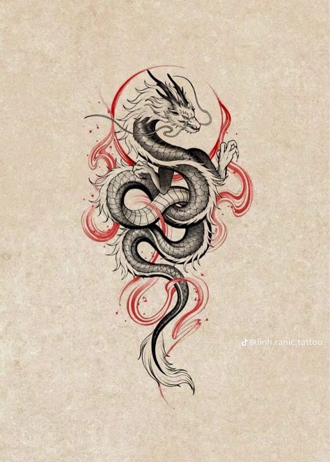 Dragon Geometric Tattoo, Dragon And Tiger Tattoo, Dragon Tattoo Japanese, Chinese Dragon Tattoo, Dragon Tattoo Shoulder, Dragon Tattoo Stencil, Chinese Dragon Art, Small Girly Tattoos, Tattoo Japanese