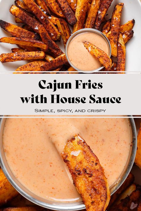 These Cajun Fries are crispy, and spicy, and go perfectly with the homemade House Sauce! They can be enjoyed on their own as an appetizer or snack for movie and game nights or served as a side with practically any dish. via @healthfulideas Cajun Fries Recipe, French Fry Seasoning, Dirty Fries, Cajun Fries, Delicious Appetizer Recipes, Best Appetizer Recipes, Creole Recipes, Fries Recipe, Savory Sauce