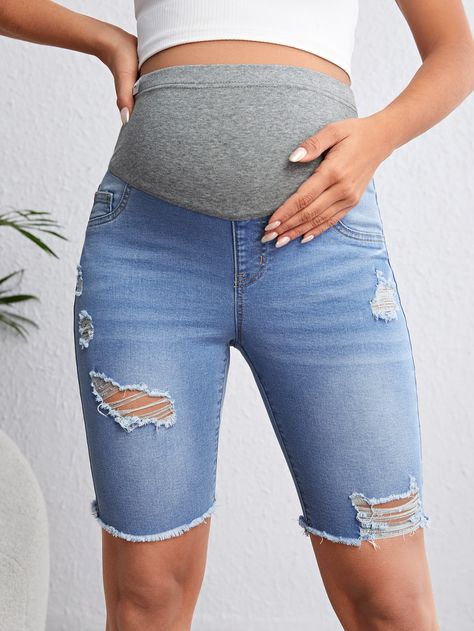 Summer Maternity Outfits Shorts, Light Wash Maternity Jeans, Maternity Fits, Spring Maternity Denim Bottoms, Maternity Wear Medium Wash Denim Bottoms, Maternity Jean Shorts, Pregnancy Hacks, Shein Maternity, Maternity Clothes Summer