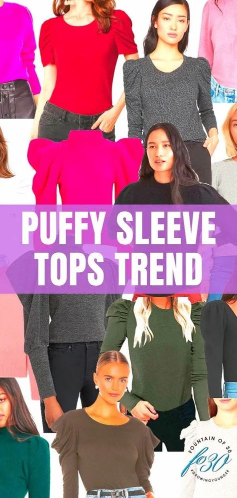 I am obsessed with puffy sleeves. Or more accurately, puff shoulders. This is why it's one trend that we are buying like crazy. Shop 15 puffy tops here! #fashion #over40 #falltrends #tops How To Style Puff Sleeve Top, Puffy Sweater Outfit, Puff Sleeve Sweater Outfit, Puffy Sleeves Blouse Outfit, Puffy Sleeve Top Outfit, Puffy Shoulder Top, White Puffy Sleeve Top, Puff Sleeve Top Outfit, Puffed Sleeves Top