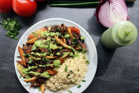 El Pollo Inka’s Peruvian Lomo Saltado (Copycat) Brown Rice Dinner, Copycat Dinner, Aji Sauce, Peruvian Dishes, Dinner Then Dessert, Lomo Saltado, Peruvian Cuisine, Peruvian Food, Peruvian Recipes