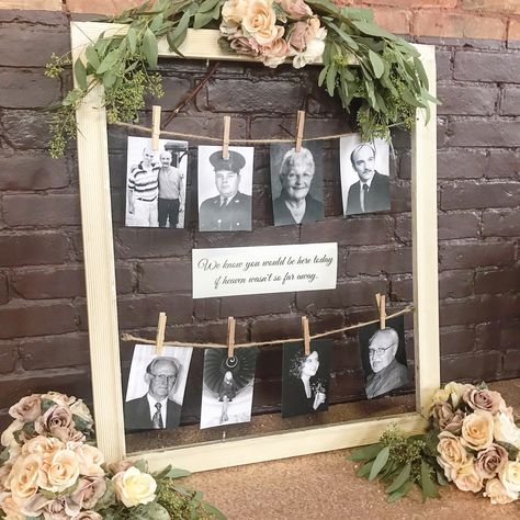 Old Picture Frame Wedding Ideas, In Loving Memory Ideas Display, Memorial Pieces For Wedding, Photo Memory Display Wedding, Bridal Shower Memorial Table, Memory Boards For Weddings, Memorial Wall For Wedding, Memorial Board For Wedding, Memorial Service Reception Ideas