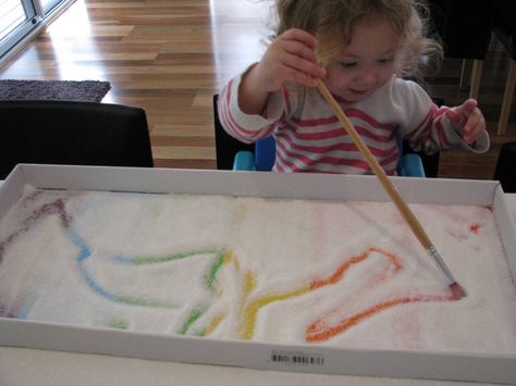 Salt tray with rainbow paper strips underneath - sensory play or pre-writing activity Rainbow Salt, Pre Writing Activities, Pre Writing, Toddler Fun, Fine Motor Activities, Motor Activities, Childhood Education, Sensory Activities, Early Childhood Education