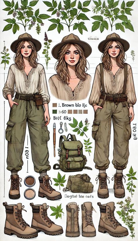 Forest Outfit Summer, Adventurer Aesthetic Outfit, Archaeologists Outfit, Botany Scholar Clothing, Forest Adventure Outfit, Archeologist Outfits, Adventure Woman, Forest Ranger Outfit, Adventurous Aesthetic Outfit