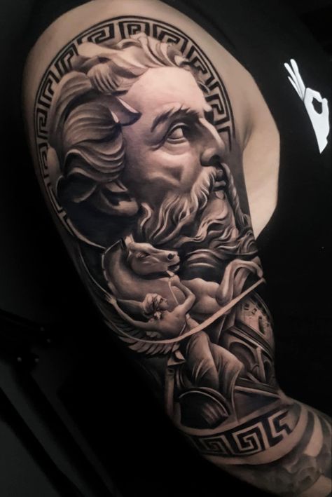 Greek Shoulder Tattoo, Versace Tattoo, Shoulder Sleeve Tattoos, Greek Designs, Greek Goddess Art, Mens Emerald Rings, Poseidon Tattoo, Chicano Tattoos Sleeve, Zeus Tattoo