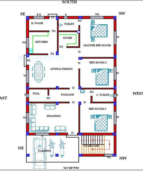 33 x 54 North face 3 BHK House Plan as Per Standard Vastu. For Detail Click on the link :-https://youtu.be/2onWIgZhYfc North Facing Vastu House Plans, 3 Bhk North Facing House Plan, 40x50 House Plans Layout North Facing, 3bhk House Plan India Vastu East Facing, North Facing 3bhk House Plan, 25×50 House Plan North Facing, North Face House Plan Vastu, House Plan According To Vastu, 2bhk Plan