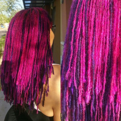 Purple, magenta, fuchsia, and pink sister locks... by Mina V IG: @theglossroom Pink Sisterlocks, Magenta Hair Color On Black Women, Pink Locs Black Women, Magenta Locs, Purple Microlocs, Hot Pink Locs, Magenta Box Braids, Pink And Purple Locs, Pink And Red Locs