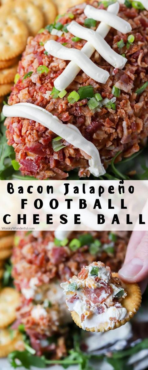 This Football Cheese Ball with Bacon and Jalapeño is a fun way to serve your favorite appetizer on game day. This cream cheese ball is filled with cheddar, jalapeño and bacon then shaped and coated with more bacon to look like a football. #cheeseball #superbowlrecipes #gamedayrecipes #appetizerrecipes Cheese Ball With Bacon, Football Cheeseball, Football Cheese Ball, Football Shaped Foods, Cheddar Cheese Ball, Football Appetizers, Cream Cheese Ball, Dip Recipes Appetizers, Appetizers For A Crowd