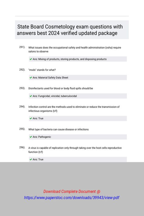 State Board Cosmetology exam questions with answers best 2024 verified updated package 
 What issues does the occupational safety and health administration (OSHA) require salons to observe"MSDS" stands for what?Disinfectants used for blood or body fluid spills should beInfection control are the methods used to eliminate or reduce the transmission of infectious organisms (T/F)What type of bacteria can cause disease or infectio State Board Cosmetology, Cosmetology State Board Exam, Cosmetology State Board, Questions With Answers, Health Administration, State Board, Body Fluid, Board Exam, Occupational Health And Safety