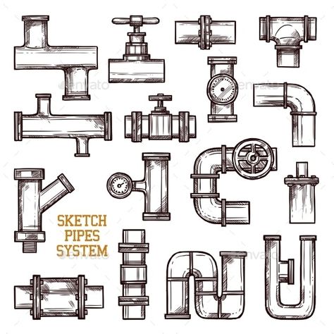 Sketch Pipes System by macrovector | GraphicRiver Steampunk Drawing, Steampunk Patterns, Steampunk Illustration, Doodle Vector, Draw Easy, Mechanical Art, Vector Sketch, Steampunk Design, Metal Pipe