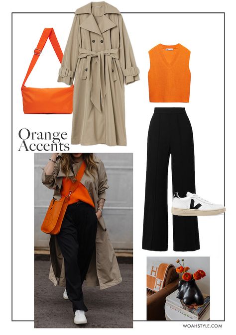 How To Wear Orange, Spring Orange Outfits, Autumn Orange Outfit, What Colour Goes With Orange, Orange Shirt Outfit Ideas, Orange And Khaki Outfits, Outfit With Orange Shirt, Styling Orange Shirt, Styling An Orange Bag