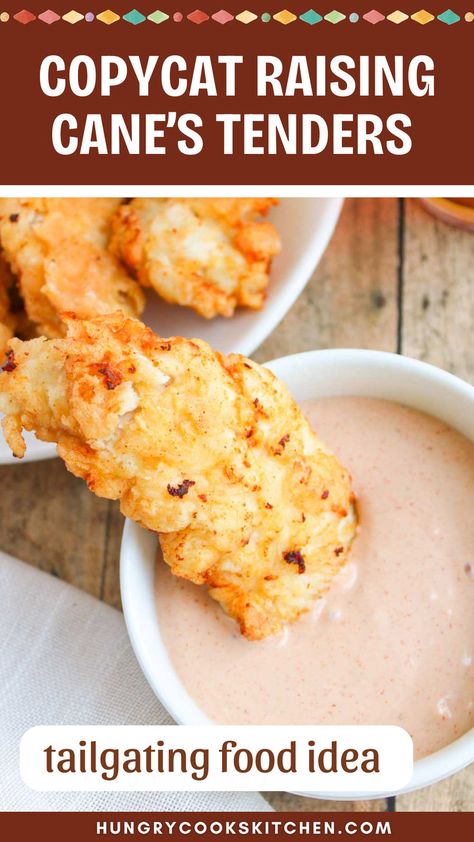 These crispy homemade Copycat Raising Cane’s Tenders are the perfect dinner or lunch option for anyone craving comfort food. This simple and easy recipe is a huge hit at tailgating, potlucks, or even casual Friday night meals. They’re cheaper than dining out and make the ideal appetizer or main course for any gathering. Check out this easy tailgating recipe now! Raising Canes Chicken Recipe, Friday Night Meals, Juicy Chicken Tenders, Homemade Chicken Tenders, Copycat Food, Canes Chicken, Chick Fil A Sauce, Raising Canes, Tailgating Recipes