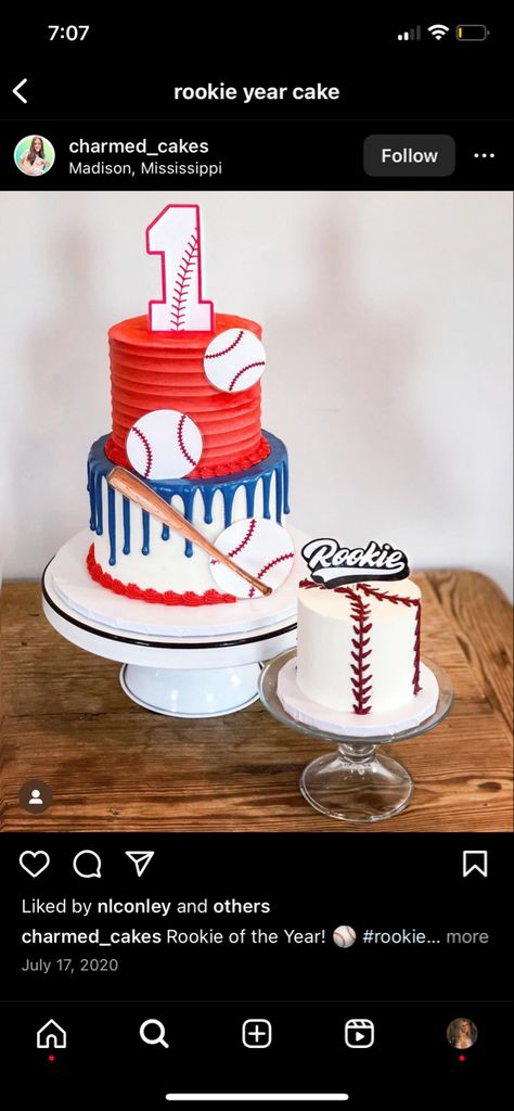 1st Birthday Rookie Of The Year Cake, My Rookie Year First Birthday Cake, 1st Birthday Baseball Theme Cake, Baseball Theme Birthday Party Cake, Baseball Themed First Birthday Cake, Baseball Theme 1st Birthday Party, Baseball Party Desserts, Rookie Of The Year Smash Cake, Roomie Year First Birthday